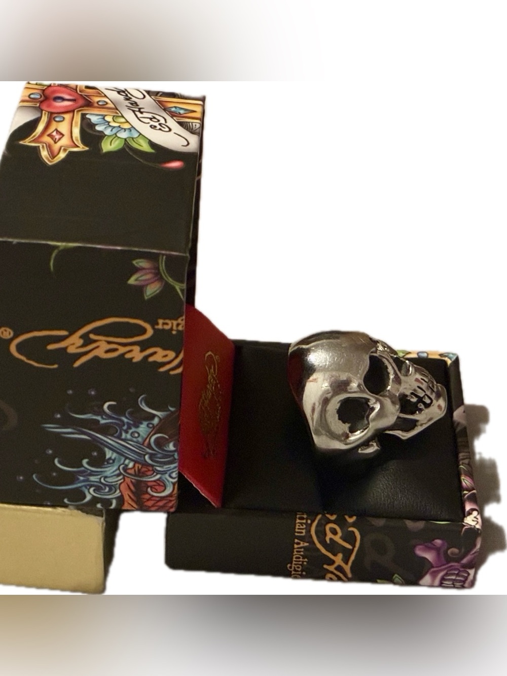 Ed Hardy Silver Skull Stainless Steel Ring with Heart Eye Cutouts - Picture 9 of 9